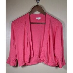Talbots Pink Shrug Cardigan Ruffle Cuff Open Front Cropped Sweater Womens Large